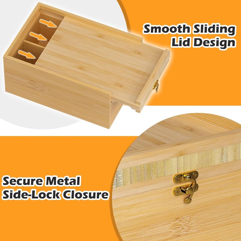 promitop Bamboo Storage Box with Lid – Wooden Organizer with 4 Compartments, Sliding Cover & Metal Clasp Lock, Multi-Purpose Rectangular Stash Box, Eco-Friendly Bamboo Box for Home & Office - Image 4